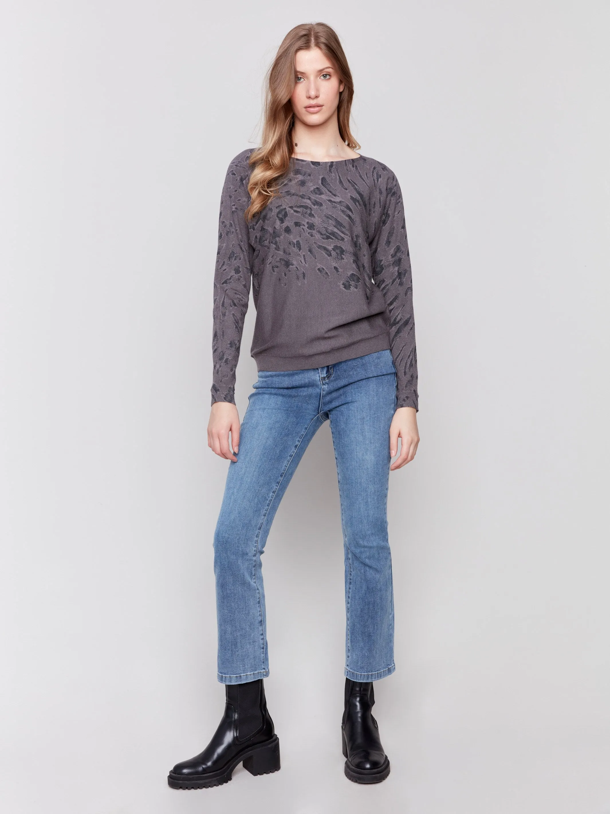 Animal Print Batwing Sleeve Sweater - Charcoal