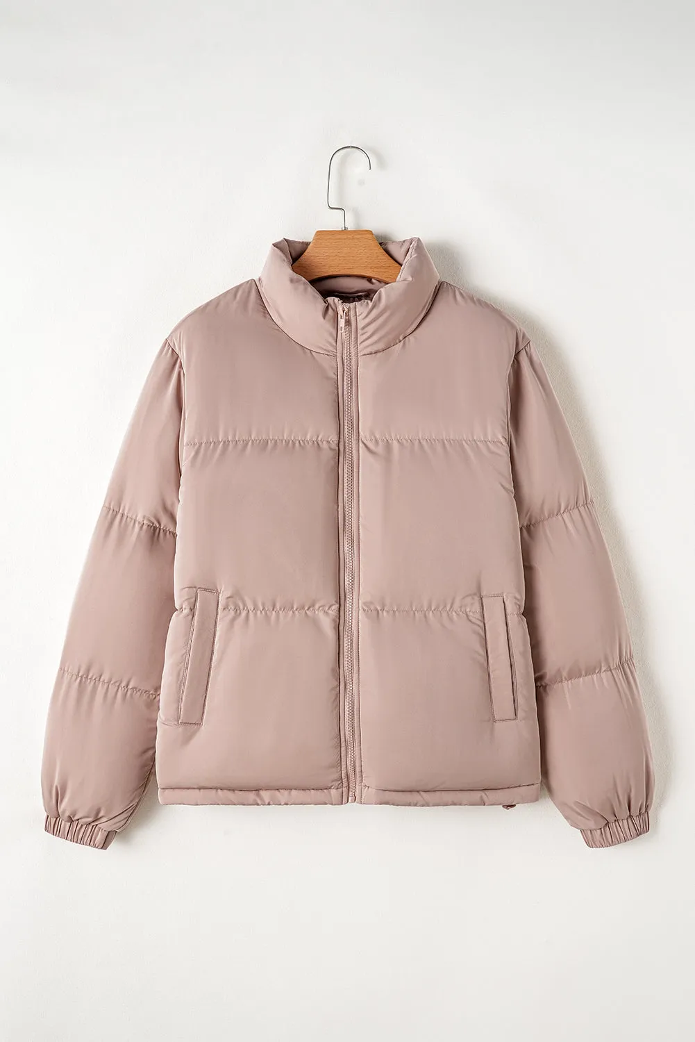 Apricot Pink Full Zipper Quilted Puffer Jacket