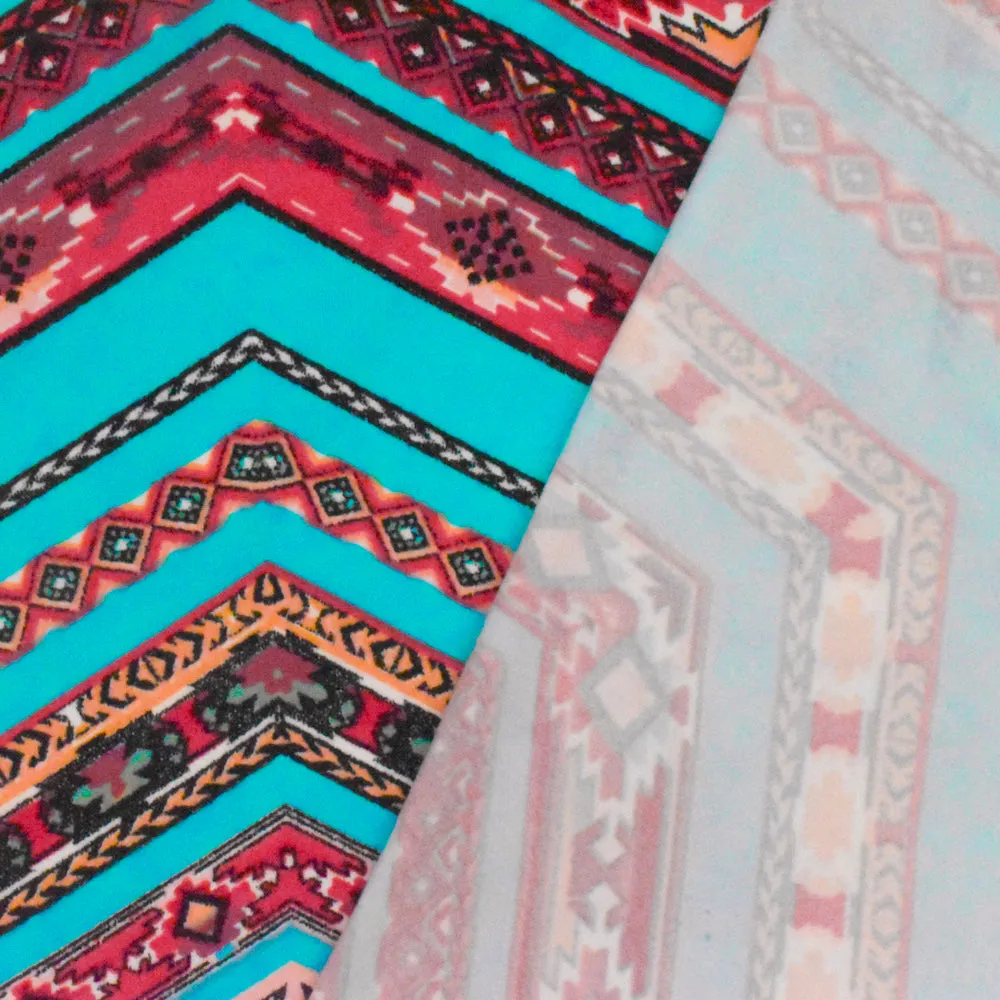 Aqua-Red-Multi Tribal Chevron Printed ITY Knit Fabric