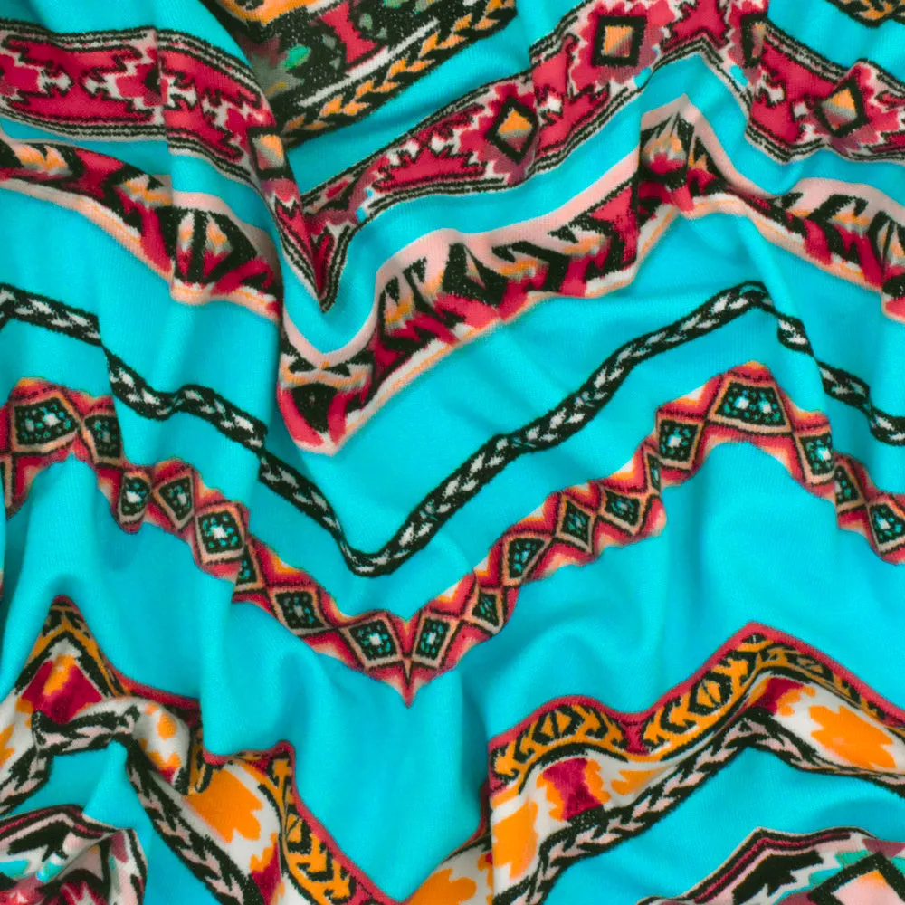 Aqua-Red-Multi Tribal Chevron Printed ITY Knit Fabric