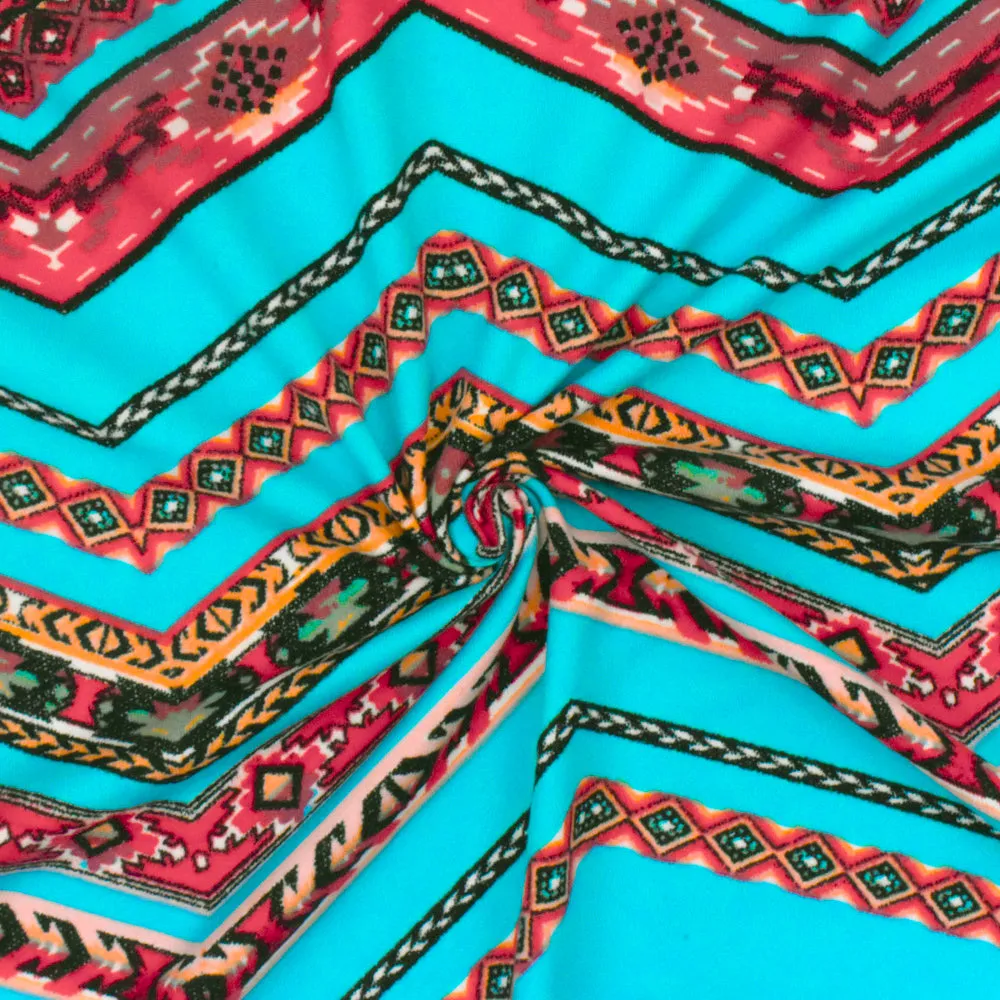 Aqua-Red-Multi Tribal Chevron Printed ITY Knit Fabric