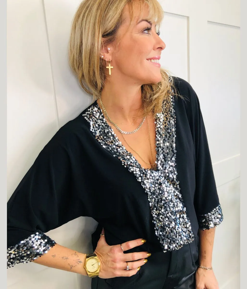 Black and Silver Sequin Tunic Top