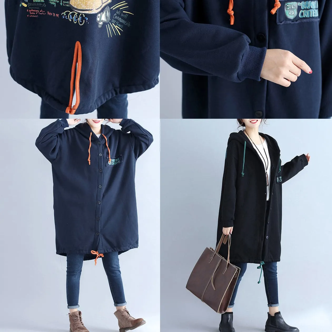 black fashion back prints cotton trench coats plus size hooded winter outfits