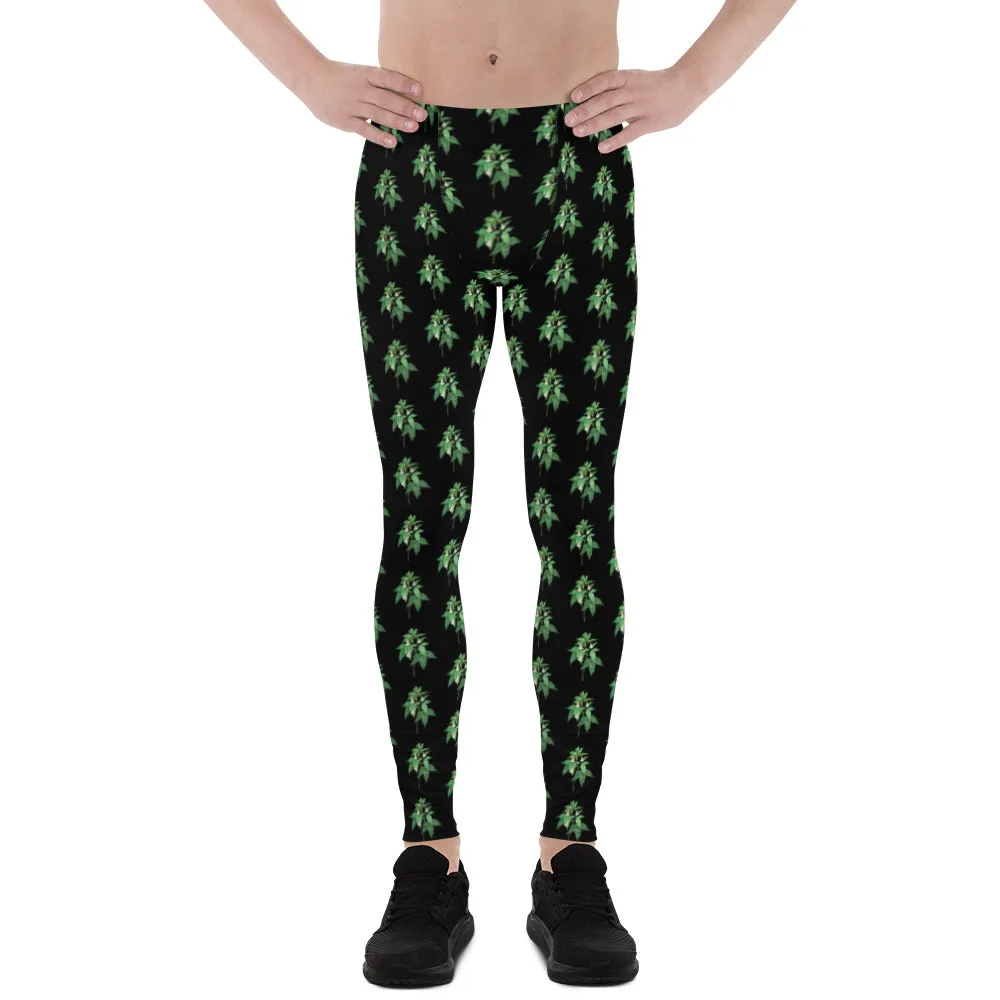 Black Floral Men's Leggings, Flower Meggings Designer Workout Tights-Made in USA/EU/MX