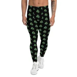 Black Floral Men's Leggings, Flower Meggings Designer Workout Tights-Made in USA/EU/MX