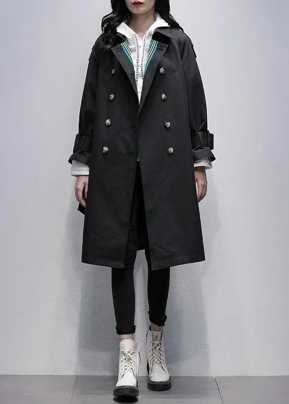 Bohemian Notched tie waist Fine trench coat black Knee coats