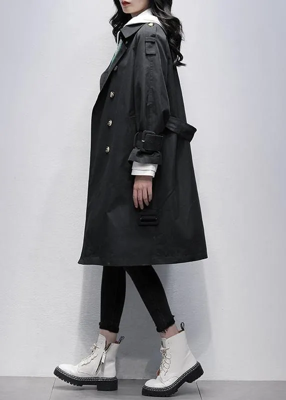 Bohemian Notched tie waist Fine trench coat black Knee coats