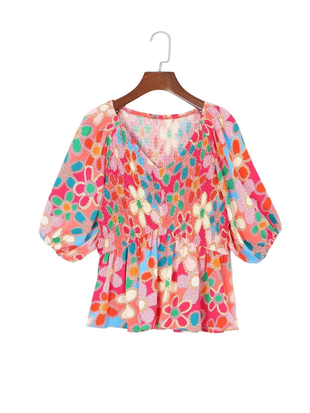 Bohemian Pink Floral Print Puff Sleeve Peplum Blouse