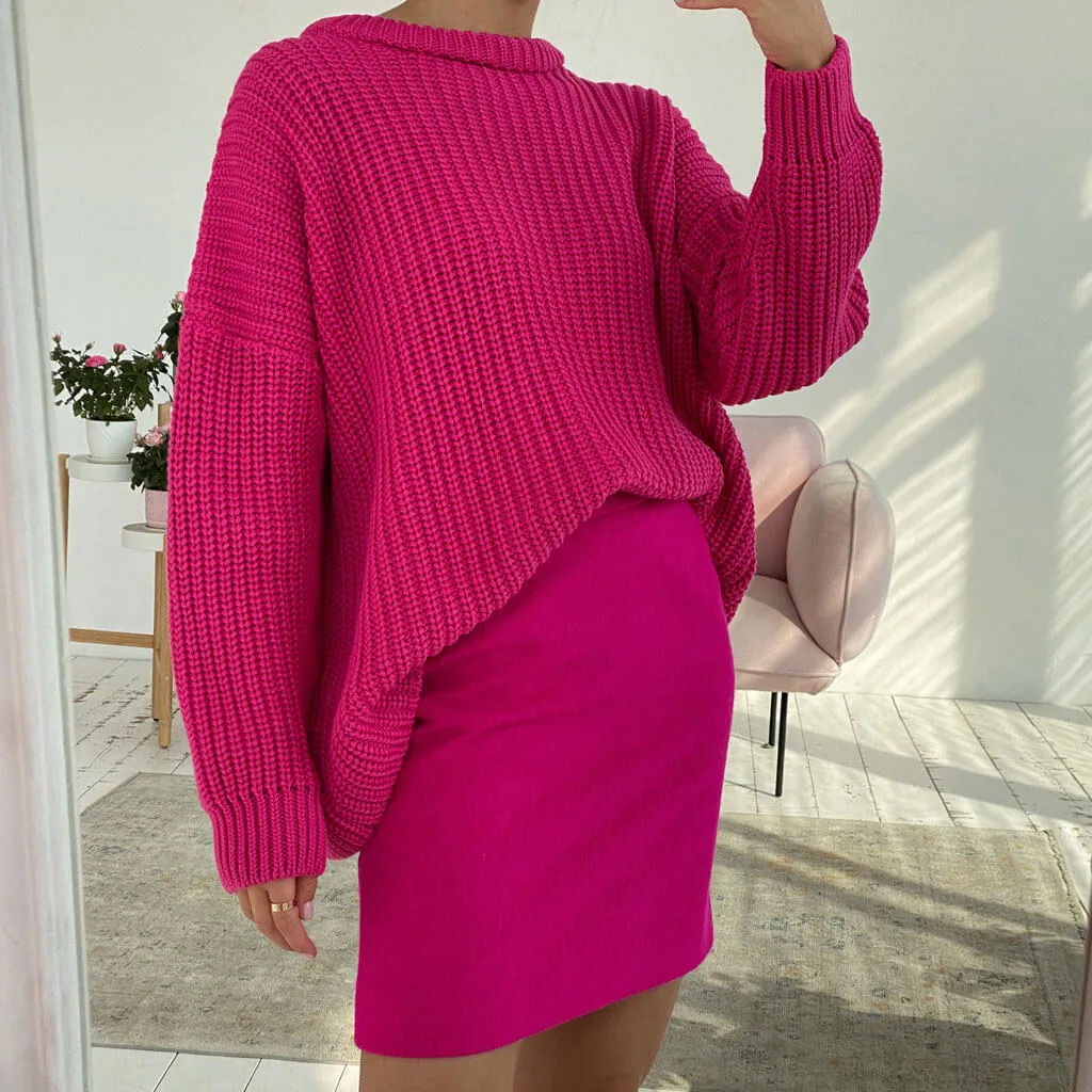 Candy Color Crewneck Pullover Sweater - Rose