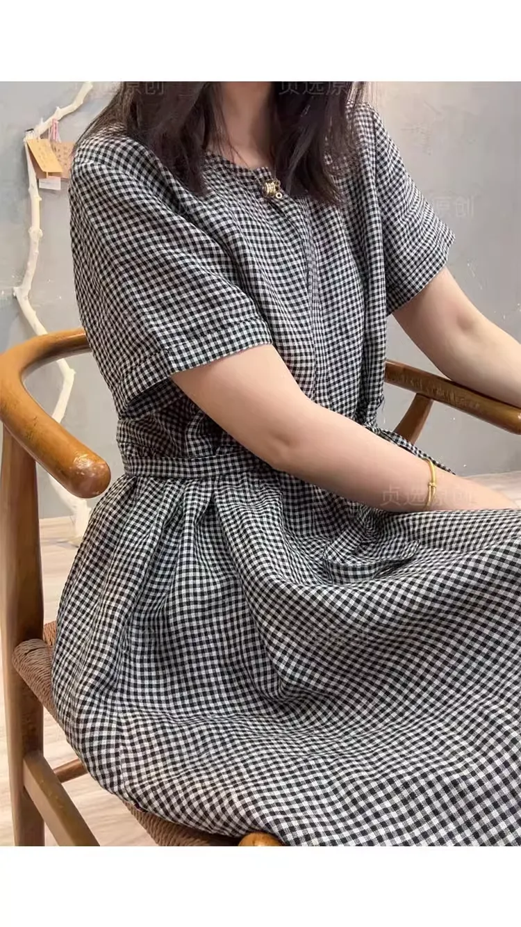 Checked Summer Washed Soft Women's Linen Dress/9911