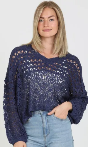 Cleta Midnight Blue Open Knit V Neck Pullover Sweater