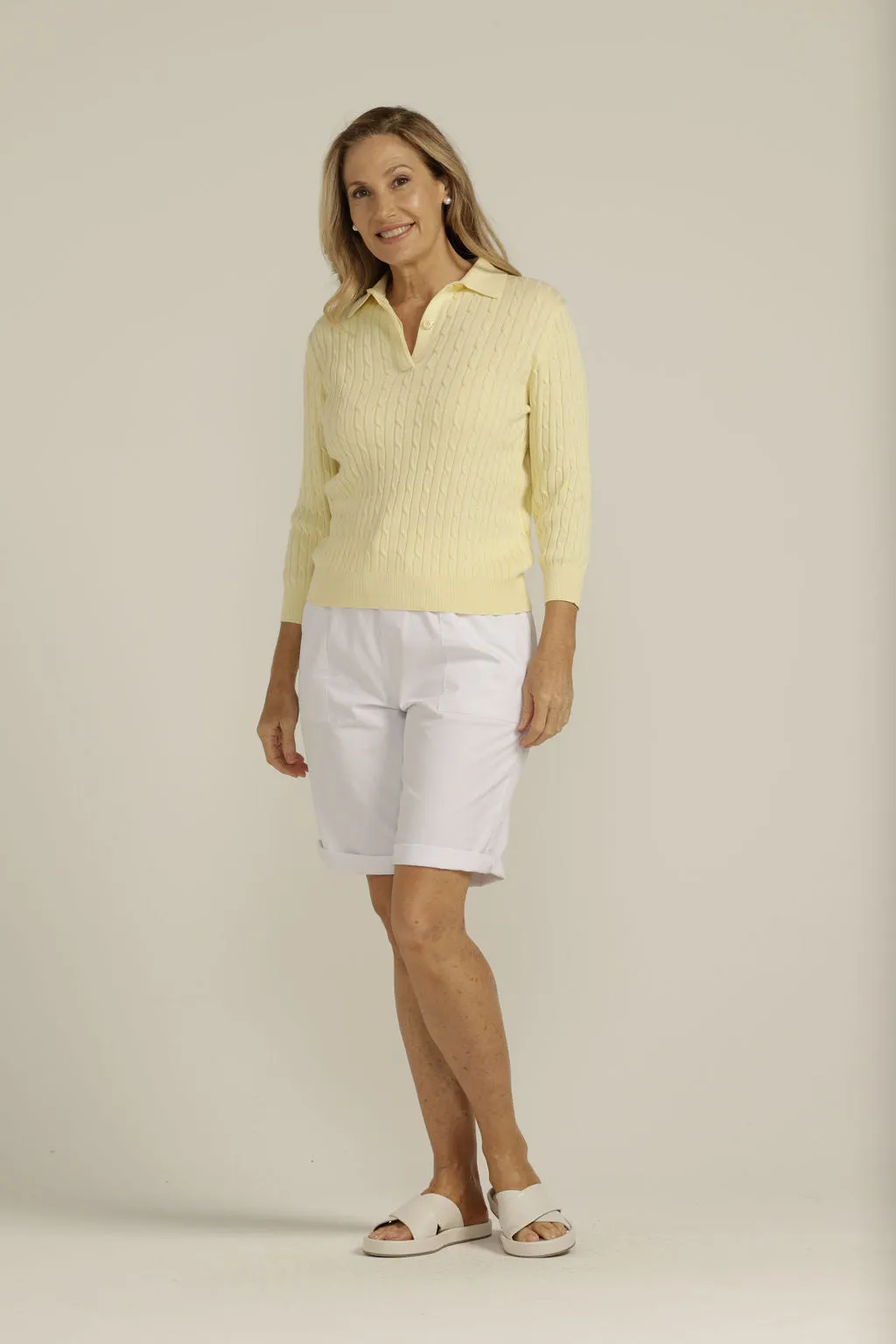 Cotton 3/4 Sleeve Cable Collared Knit Lemon