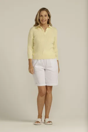 Cotton 3/4 Sleeve Cable Collared Knit Lemon