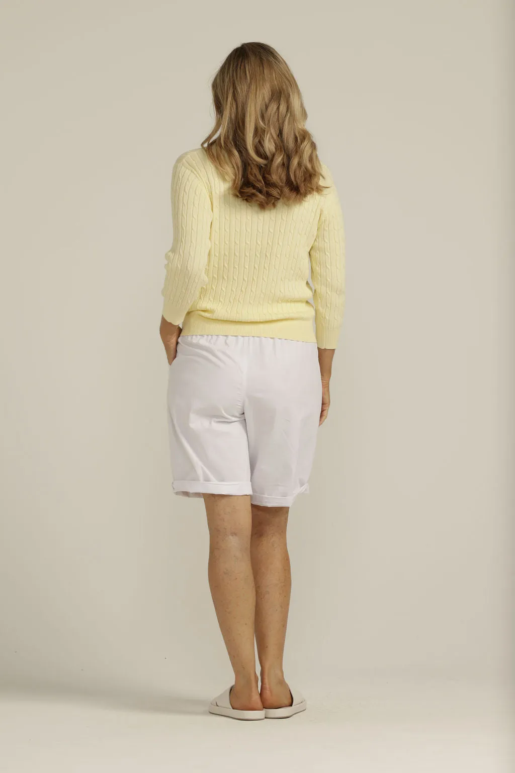 Cotton 3/4 Sleeve Cable Collared Knit Lemon