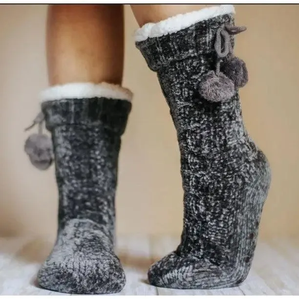 Cozy Fleece Lined Grey Pom Socks