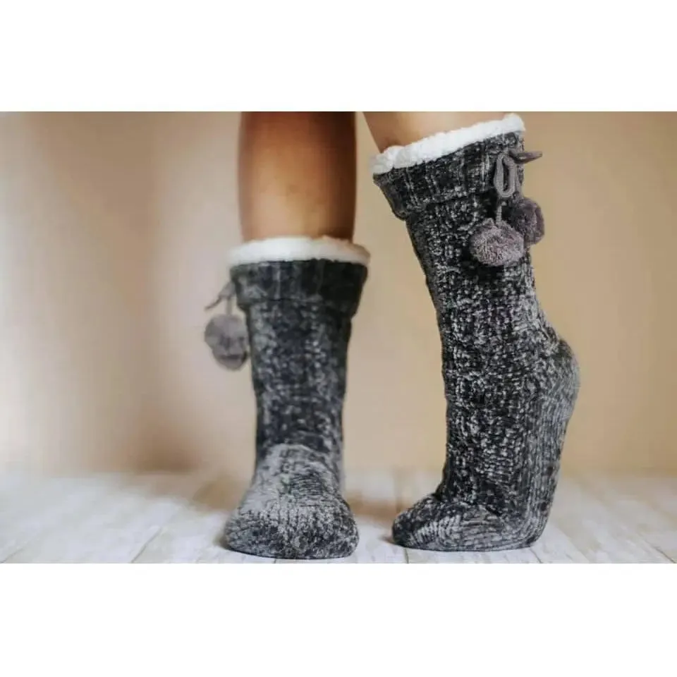 Cozy Fleece Lined Grey Pom Socks