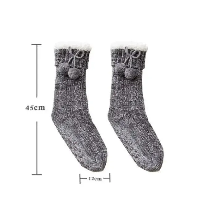 Cozy Fleece Lined Grey Pom Socks