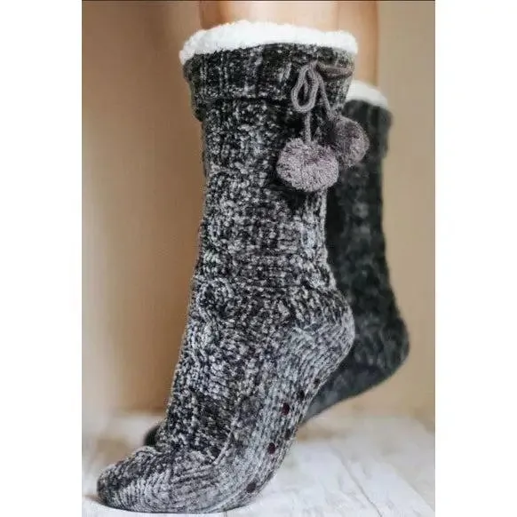 Cozy Fleece Lined Grey Pom Socks