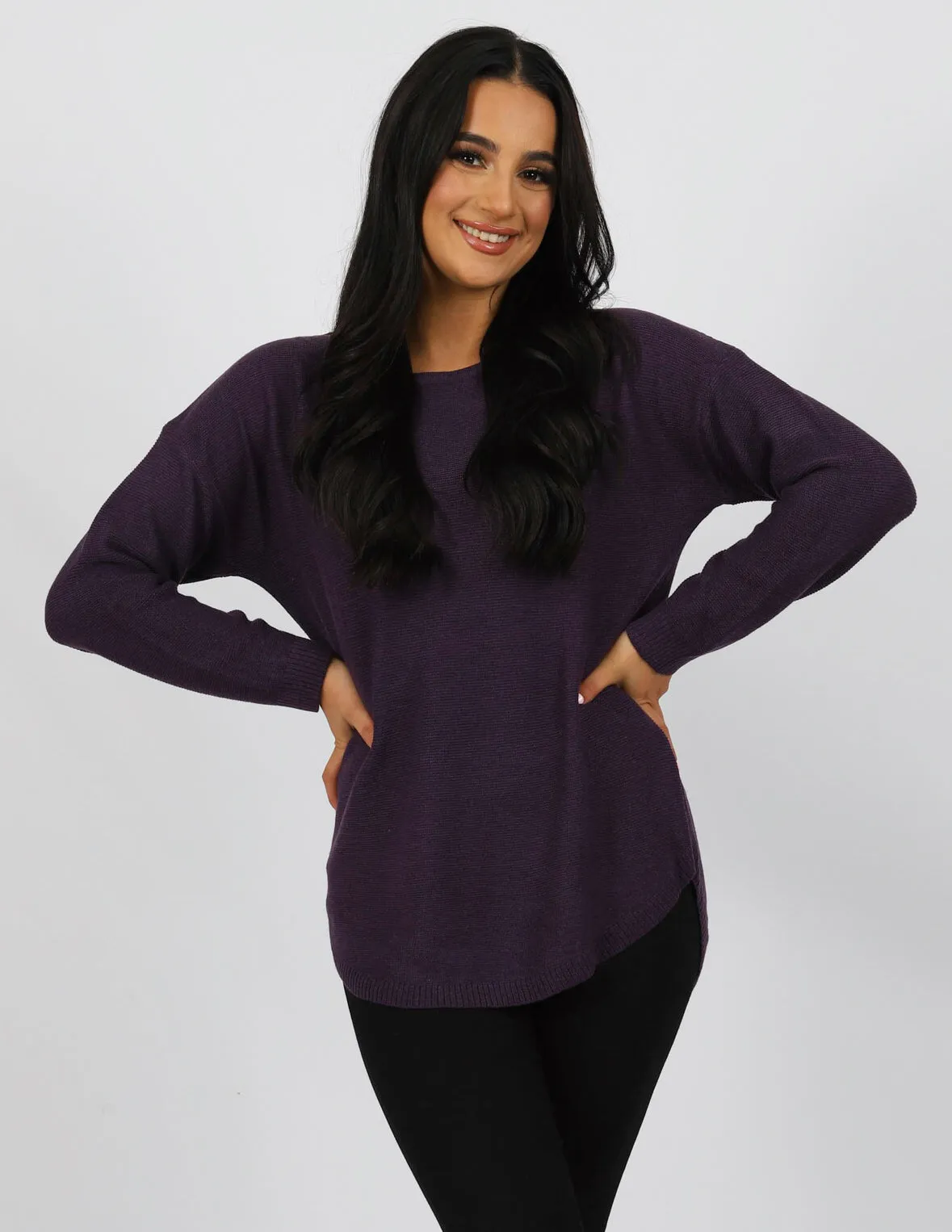 Curved Hem Pullover Knit Top - Dark Shades