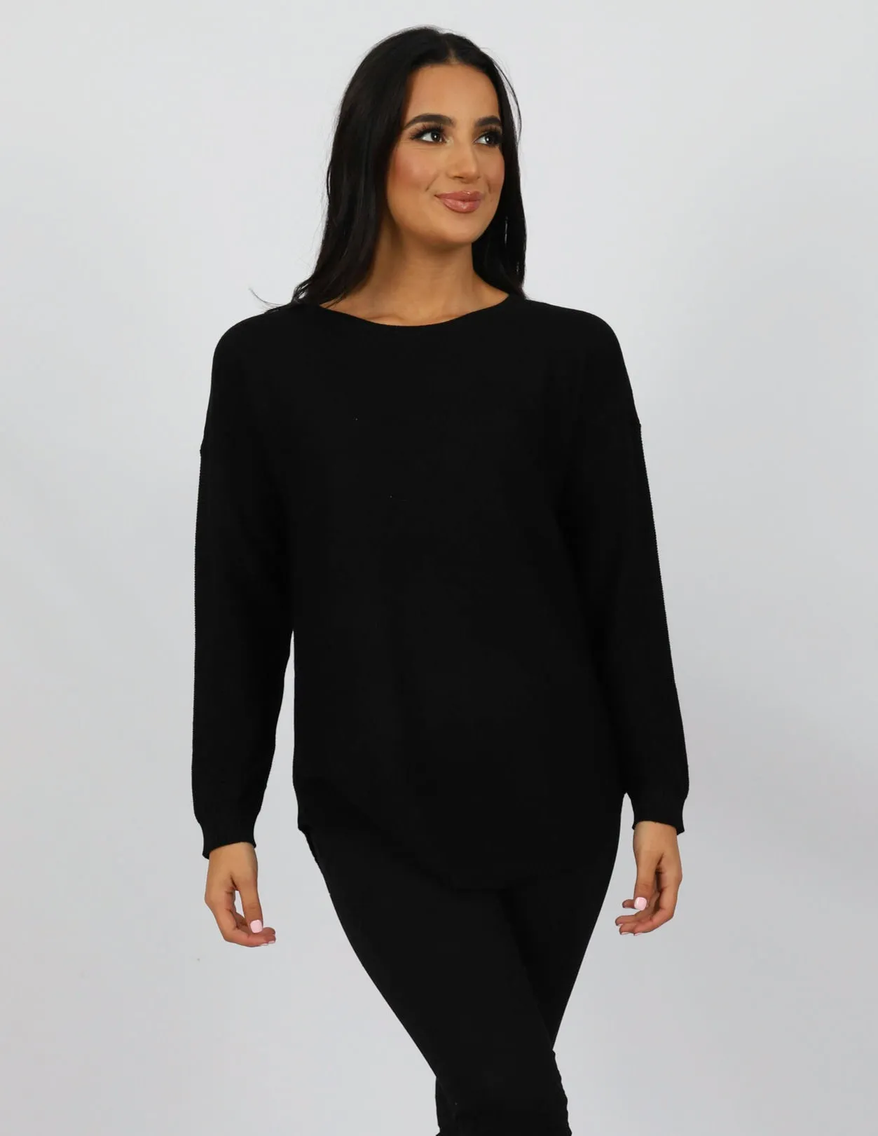 Curved Hem Pullover Knit Top - Dark Shades