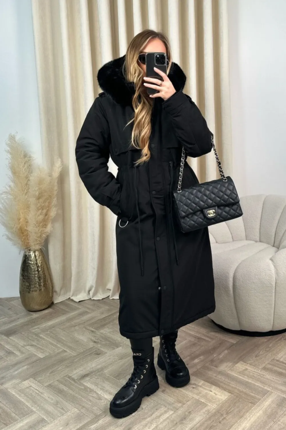 Freya black hooded faux fur duvet coat