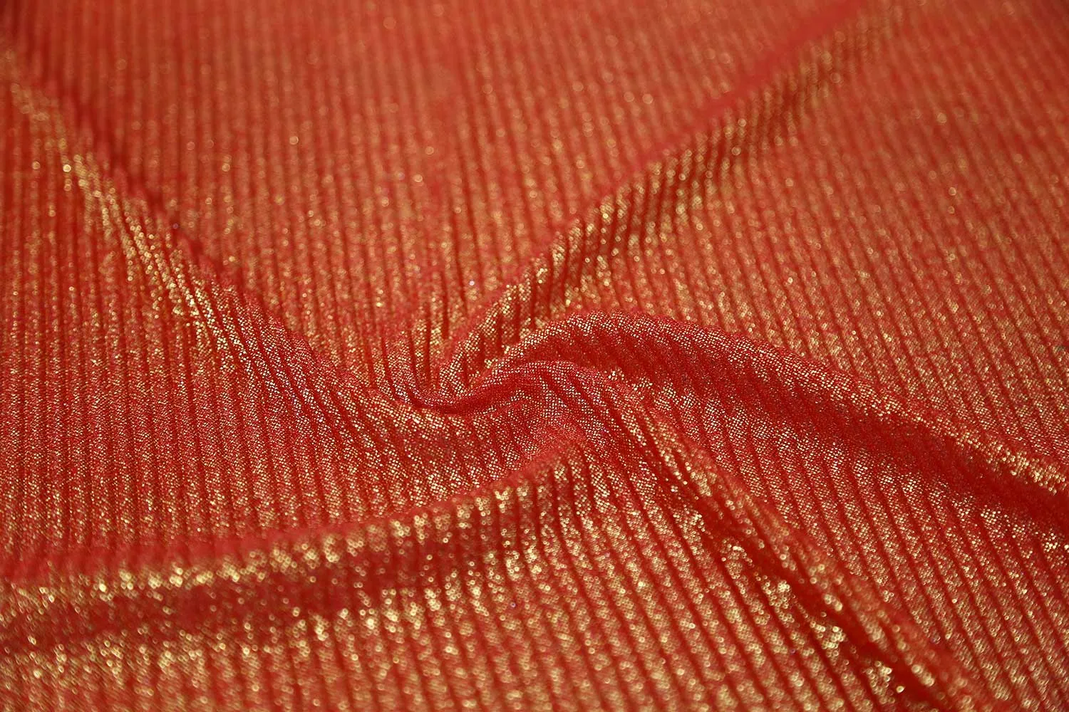 Golden Foil on Red Base Pleated Foil Knit Fabric