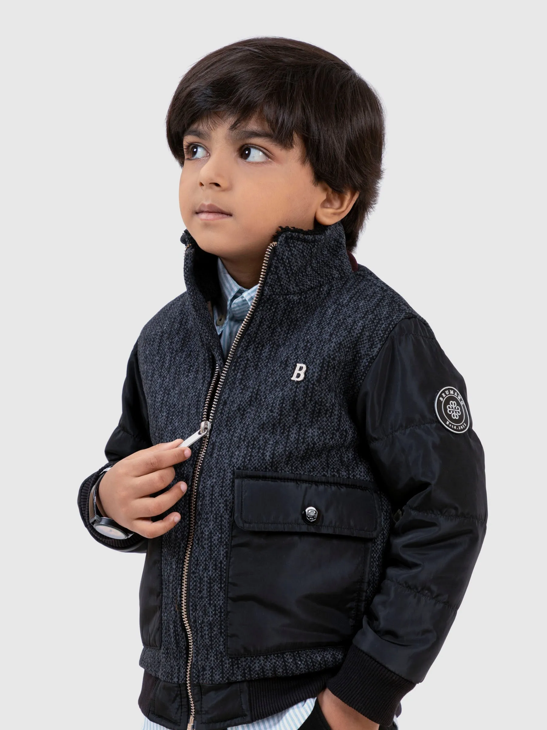 Grey & Black Wool Puffer Casual Jacket