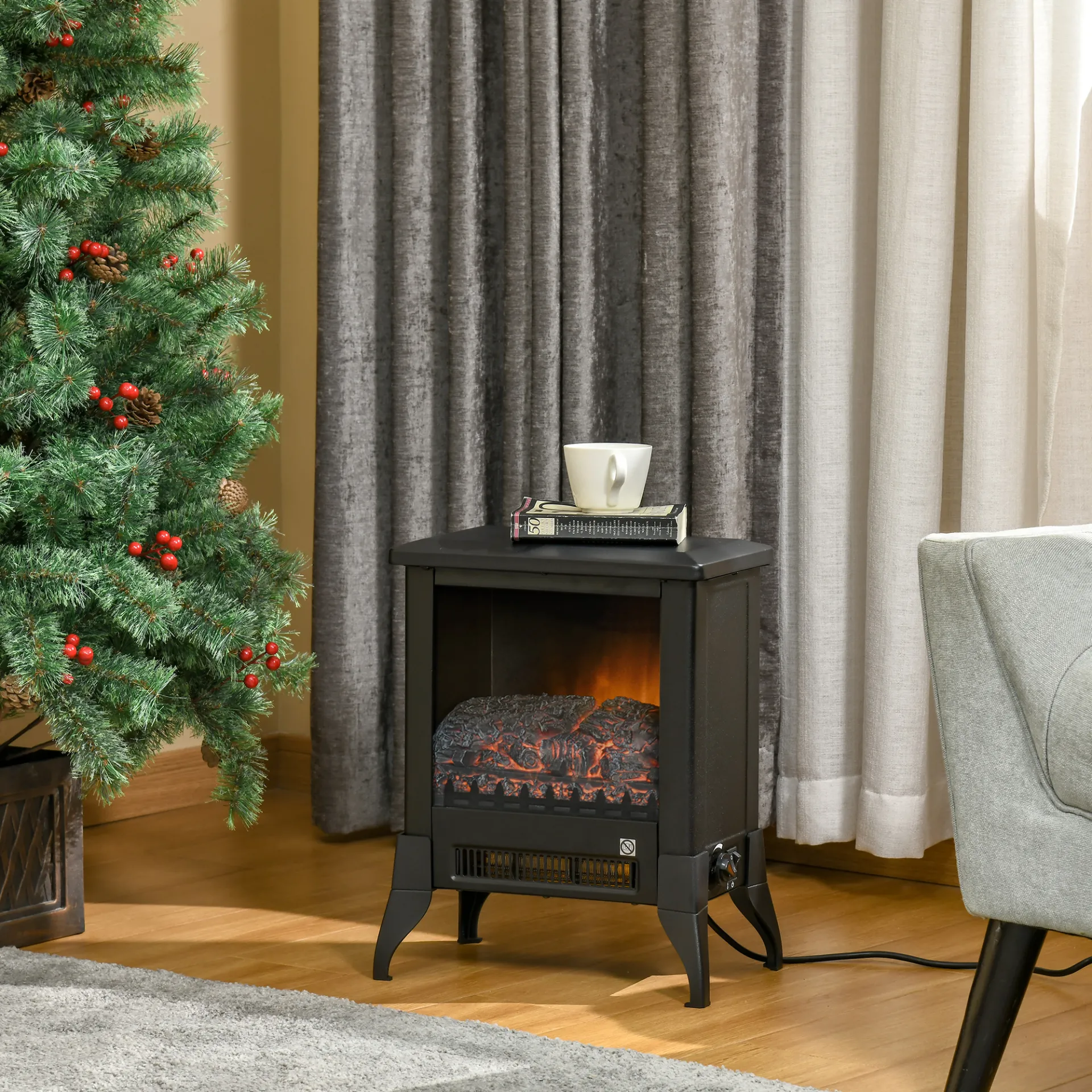 HOMCOM Electric Fireplace Stove - Freestanding Heater with Realistic Flame Effect & Overheat Protection, Black