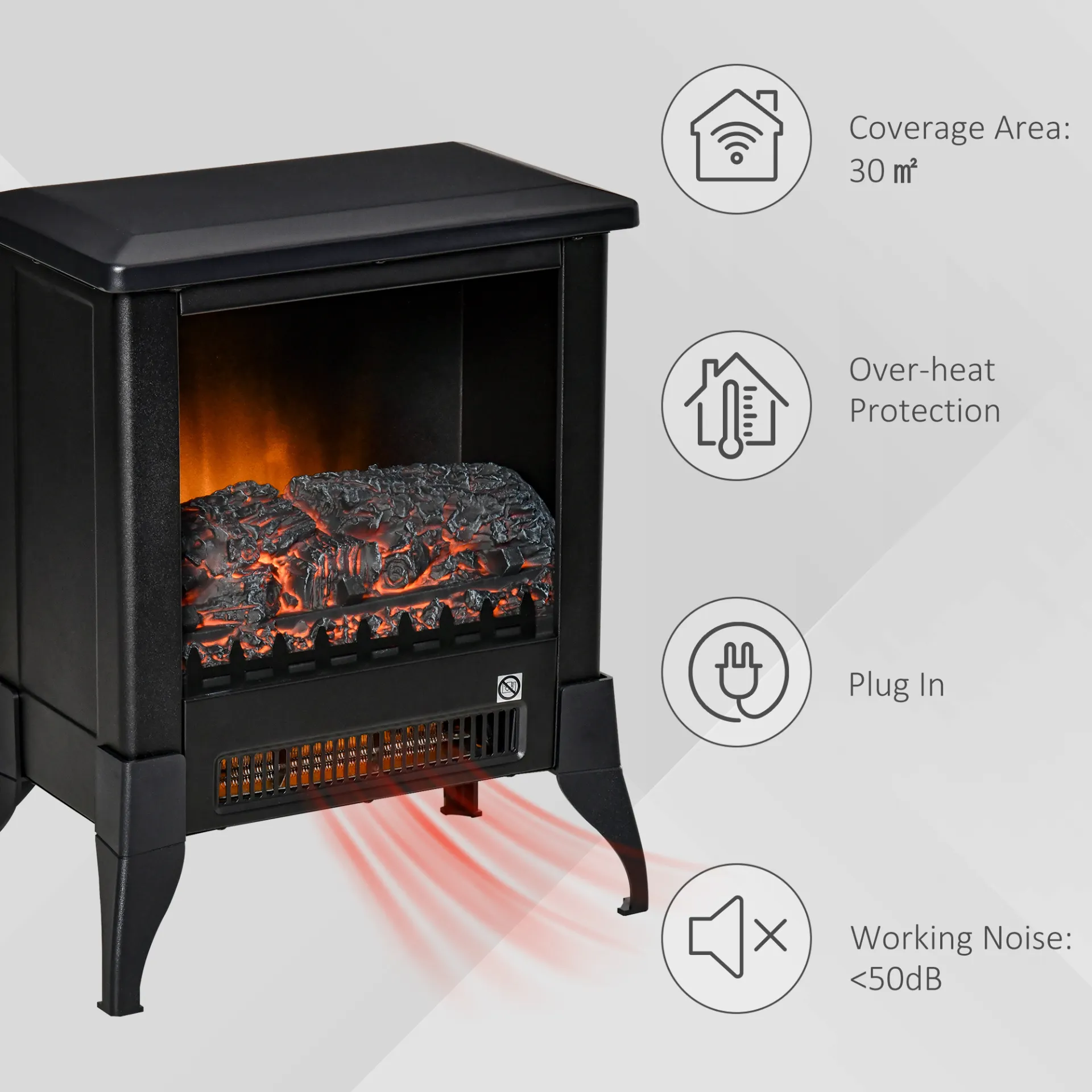 HOMCOM Electric Fireplace Stove - Freestanding Heater with Realistic Flame Effect & Overheat Protection, Black