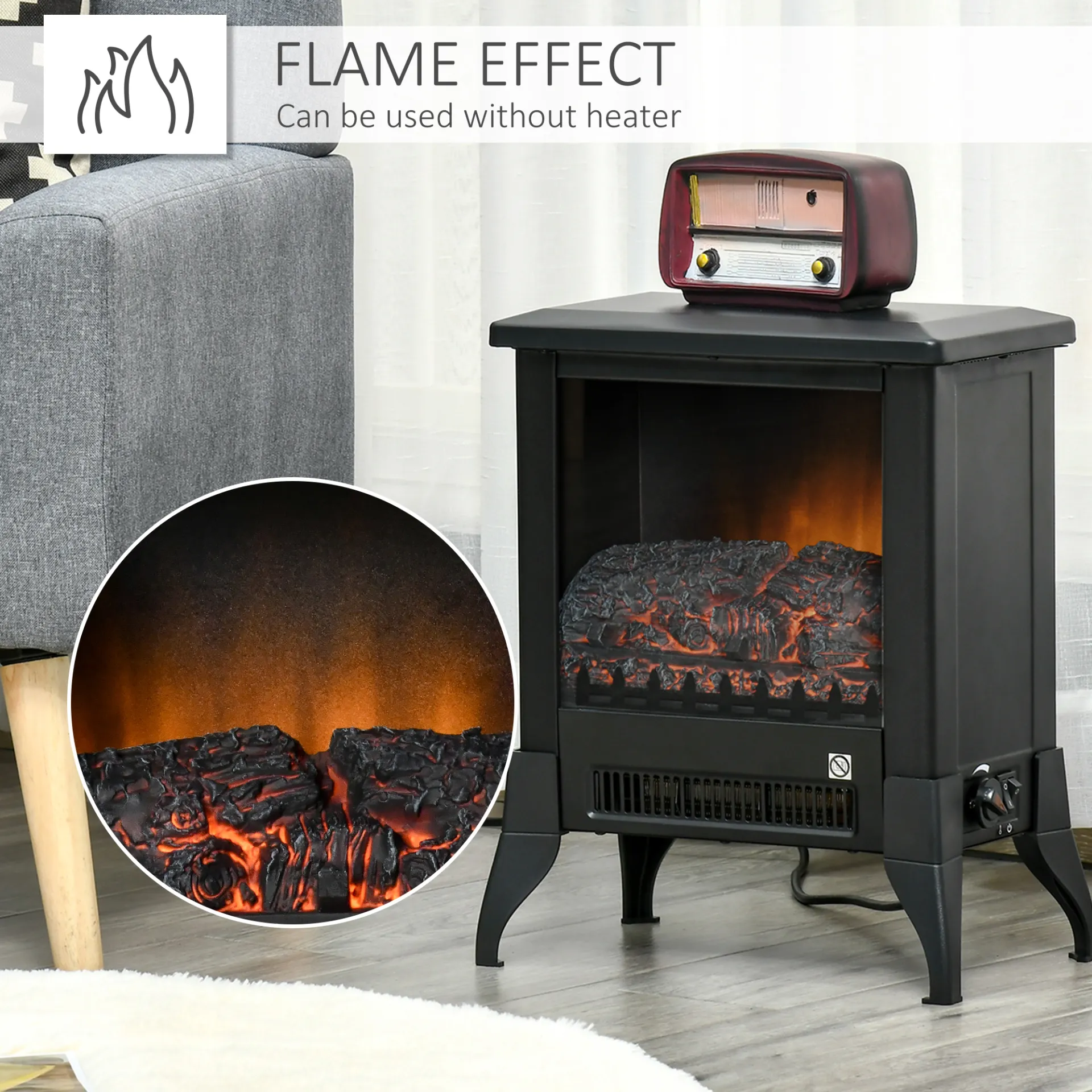 HOMCOM Electric Fireplace Stove - Freestanding Heater with Realistic Flame Effect & Overheat Protection, Black