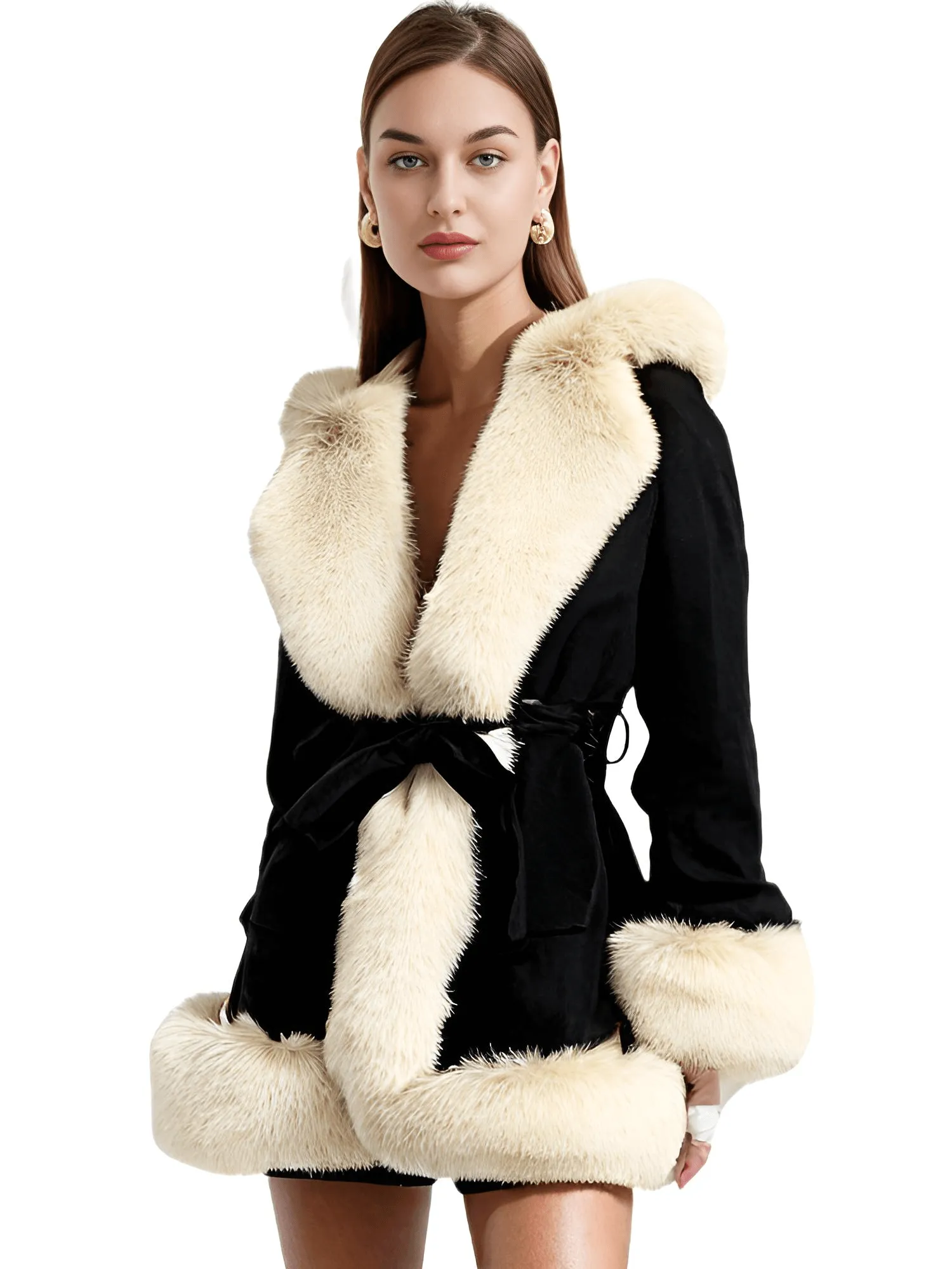 Hooded Fur Coats For Women With Belt and Fur Lining Inside