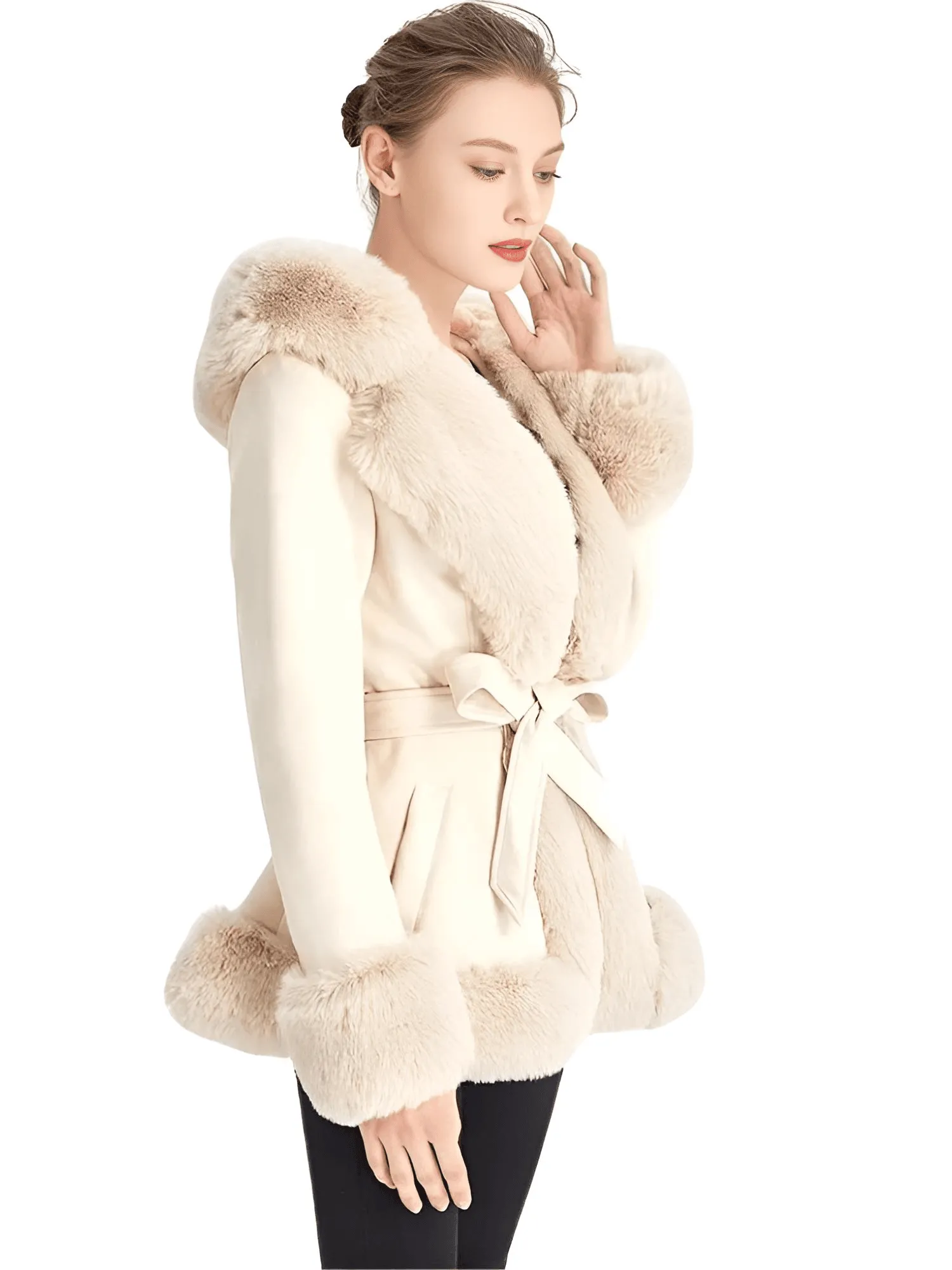 Hooded Fur Coats For Women With Belt and Fur Lining Inside