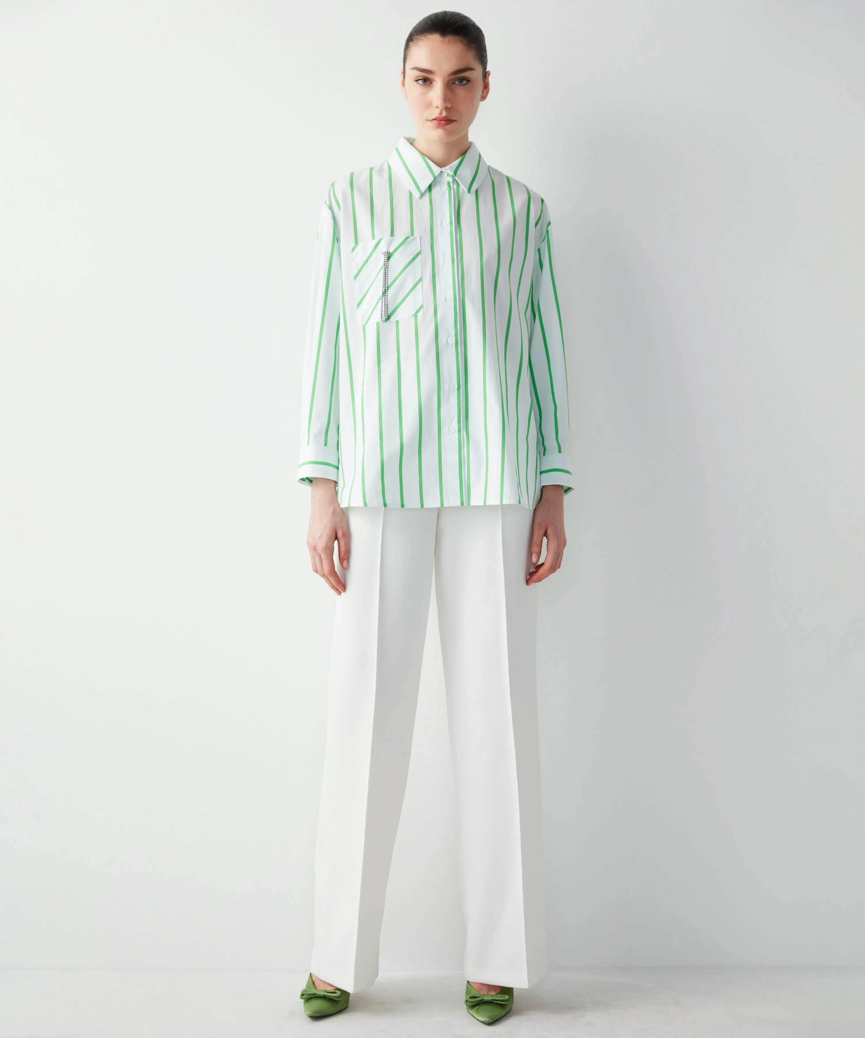 Ipekyol Striped Oversize Poplin Shirt Green