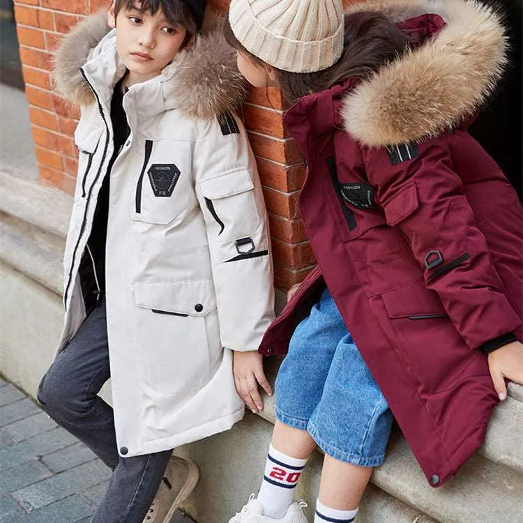 Kids Mid-length Thick Down Coat with Fur