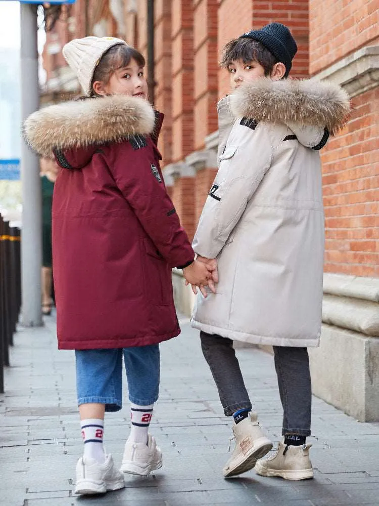 Kids Mid-length Thick Down Coat with Fur