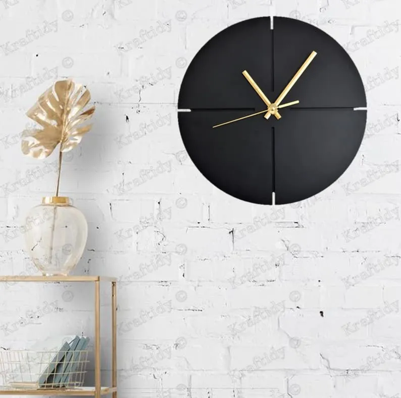 Kraftidy Wooden Wall Clock Silent Non-Ticking for Home and Office Living Room Hall Bedroom Stylish Clock (Minimal, Wood) (Black) (Silent Movement) (TIK'-Tok')