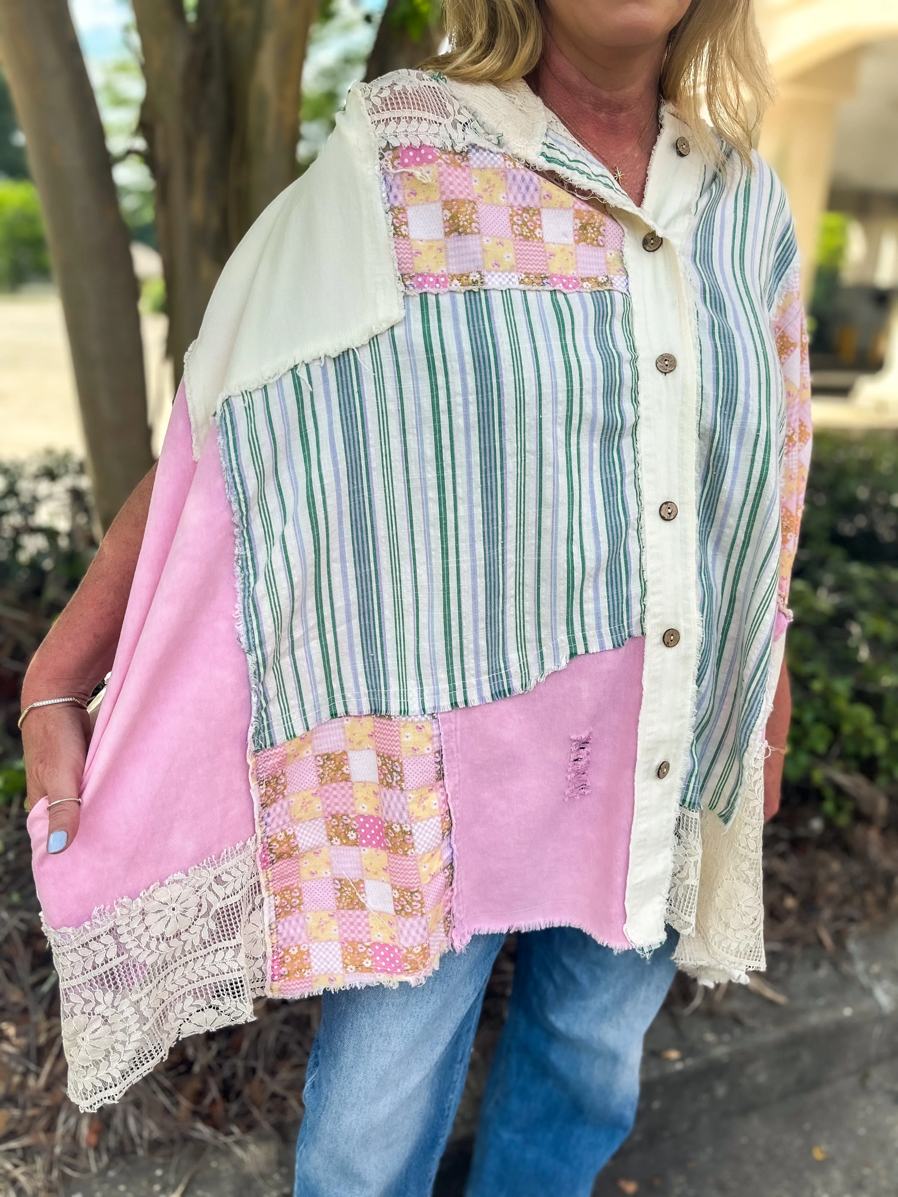 Lavender Haze Mixed Print Button Down Hoodie Poncho Top