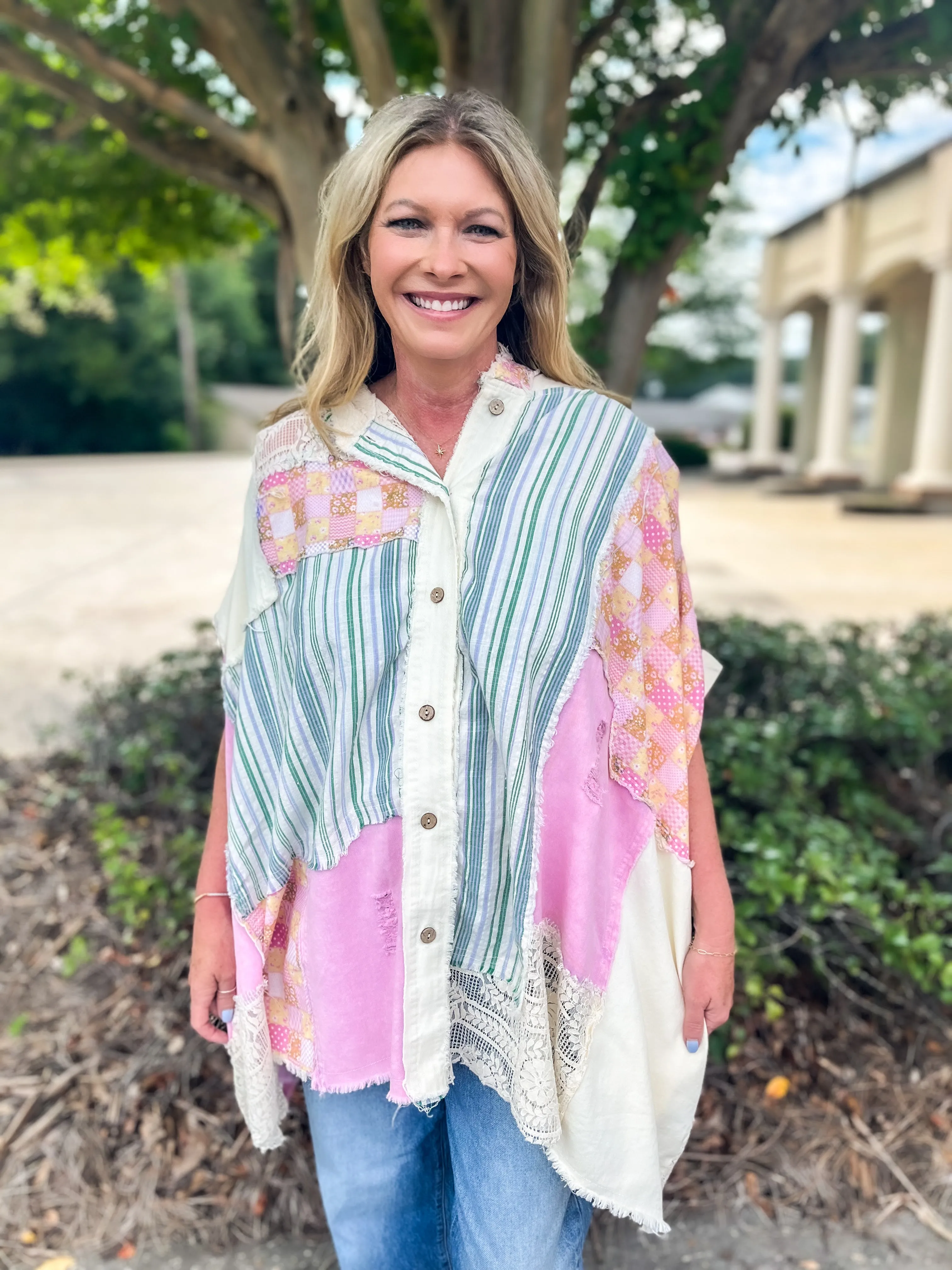 Lavender Haze Mixed Print Button Down Hoodie Poncho Top