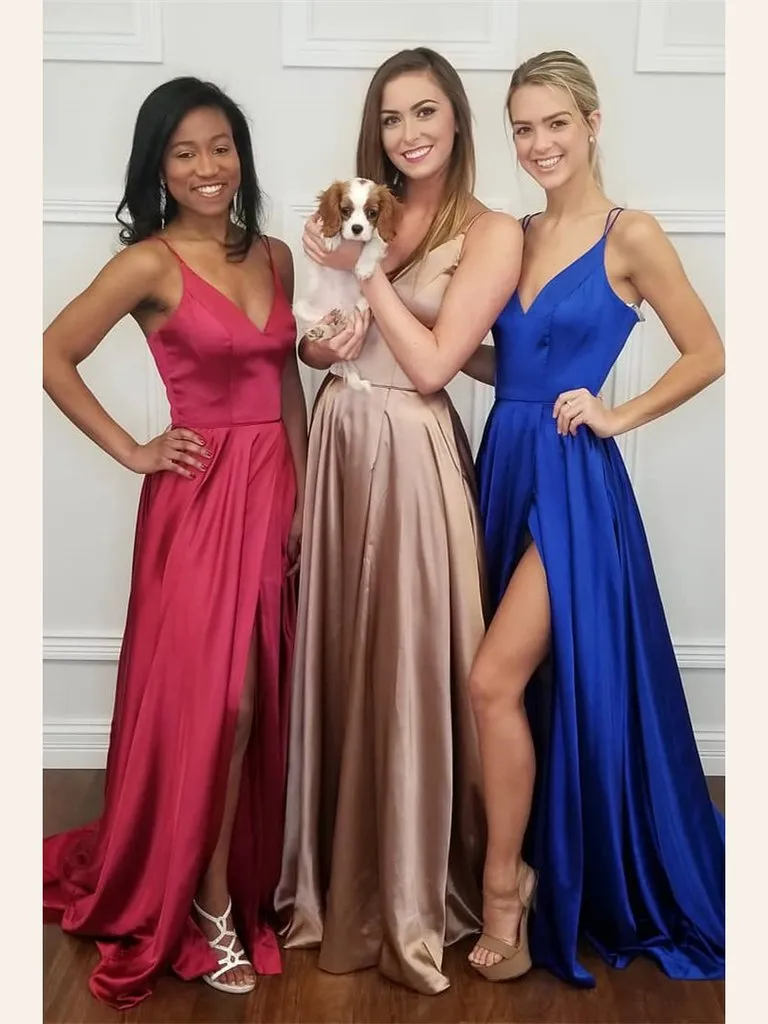 Long A-line Side Slit Soft Satin V-neck Simple Prom Dresses