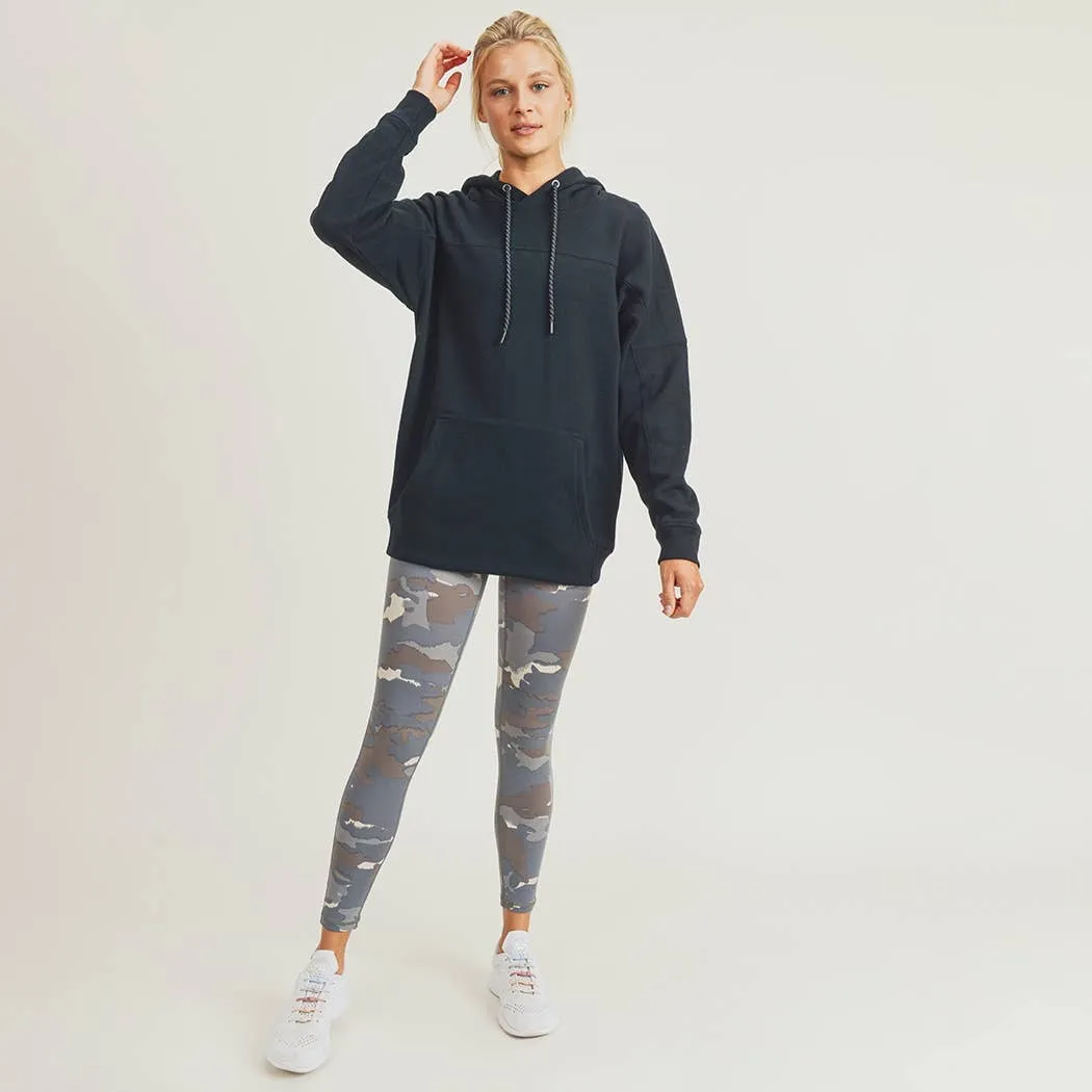 Longline Hoodie Pullover with Yoke Accent-Black