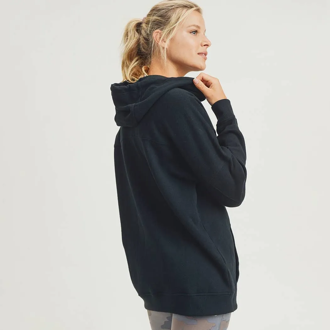 Longline Hoodie Pullover with Yoke Accent-Black