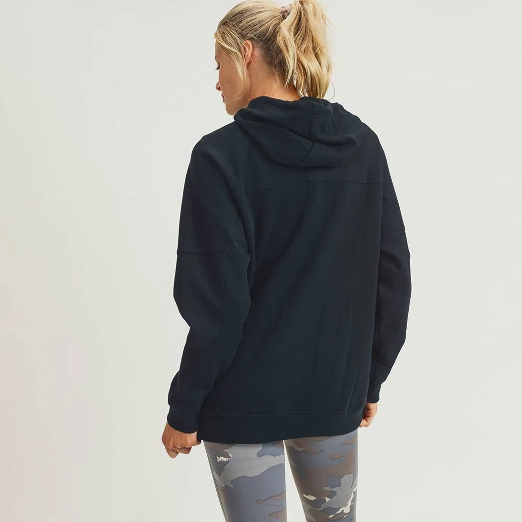 Longline Hoodie Pullover with Yoke Accent-Black