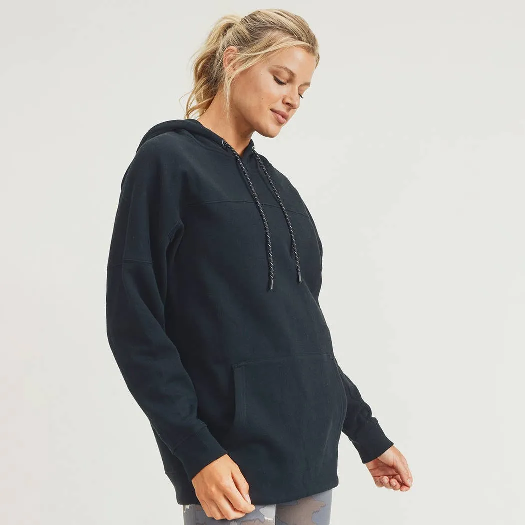 Longline Hoodie Pullover with Yoke Accent-Black