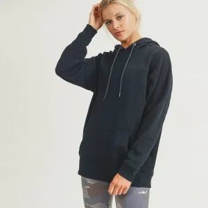 Longline Hoodie Pullover with Yoke Accent-Black