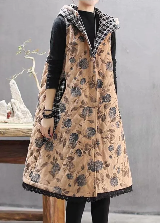 Luxury Loose Fitting Coats Yellow Print Hooded Sleeveless Coat