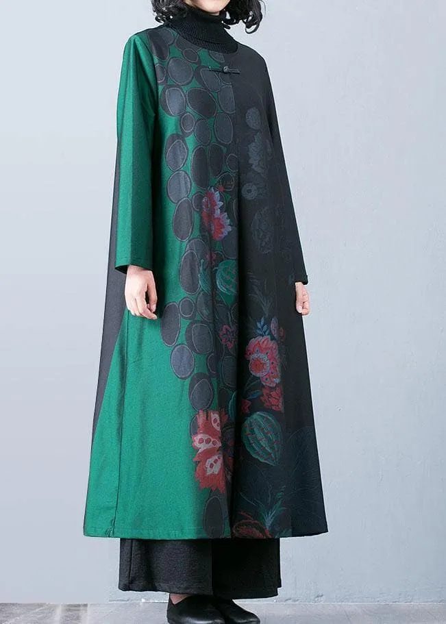 Luxury plus size maxi coat fall trench coats green prints o neck overcoat