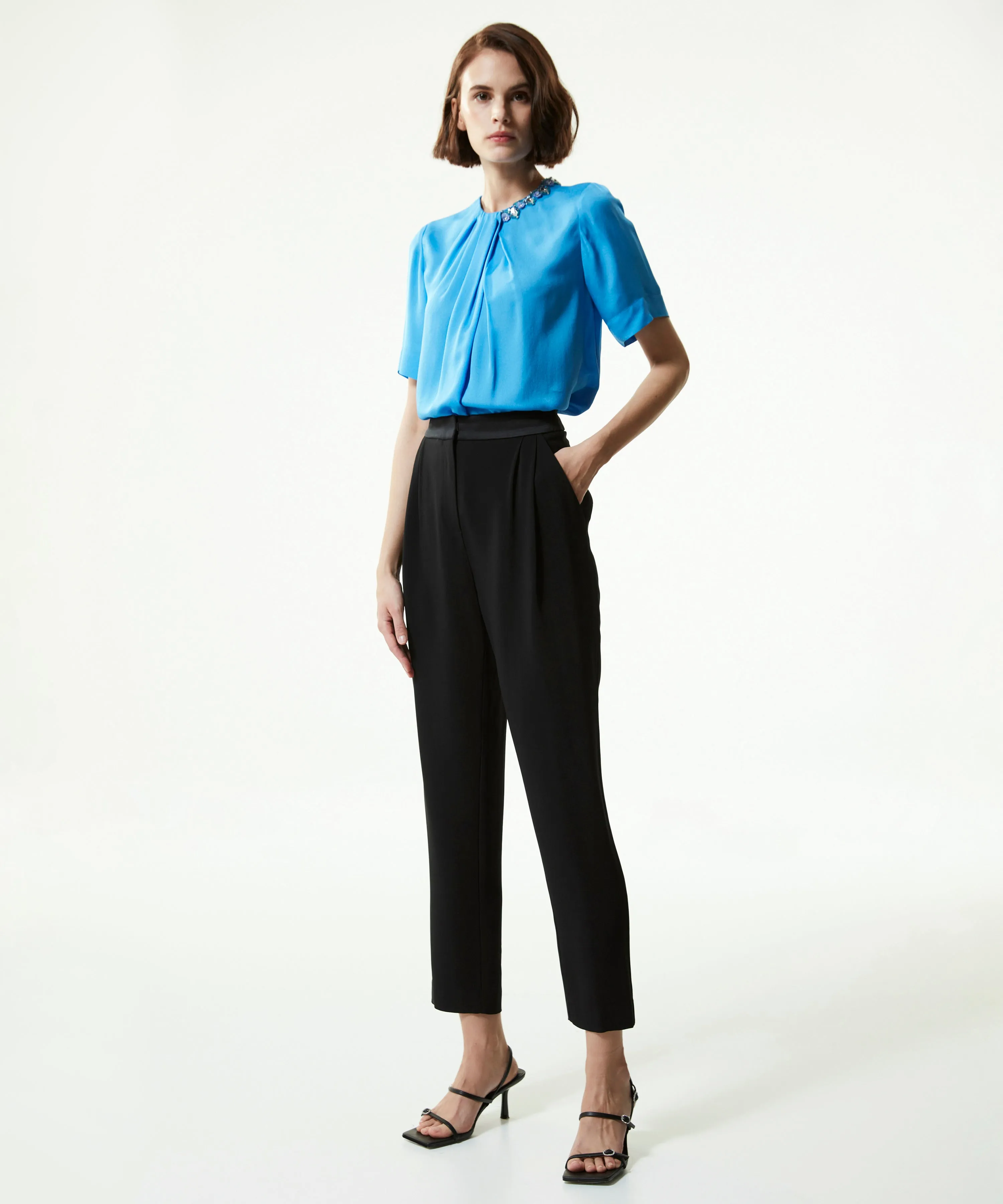 Machka Crystal-Stone Shirred Blouse Light Blue