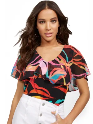 Mixed-Print Ruffle Cape Top