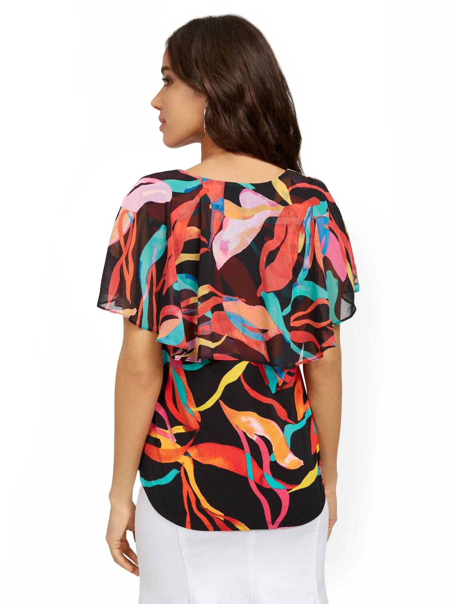 Mixed-Print Ruffle Cape Top