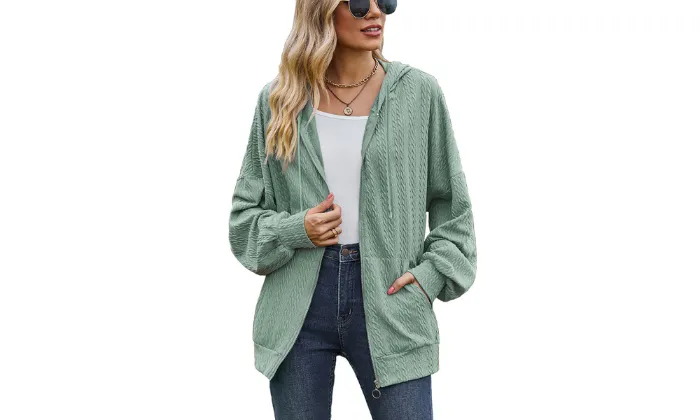 New Solid Pocket Long Sleeve Loose Hooded Women's Coat